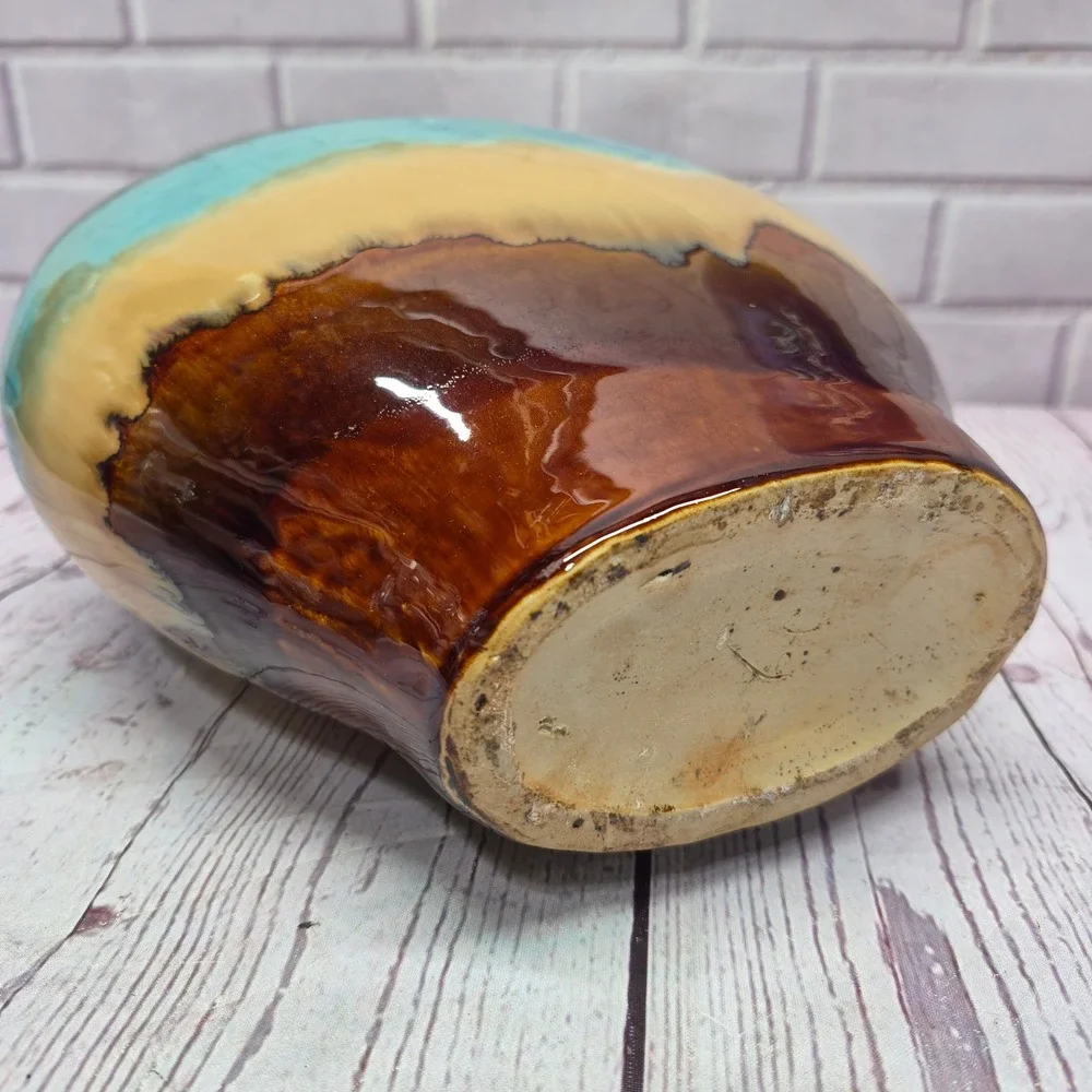 Vintage Drip Glaze Ceramic Vase Turquoise Brown Tan Bulbous Pottery Decor 10in
